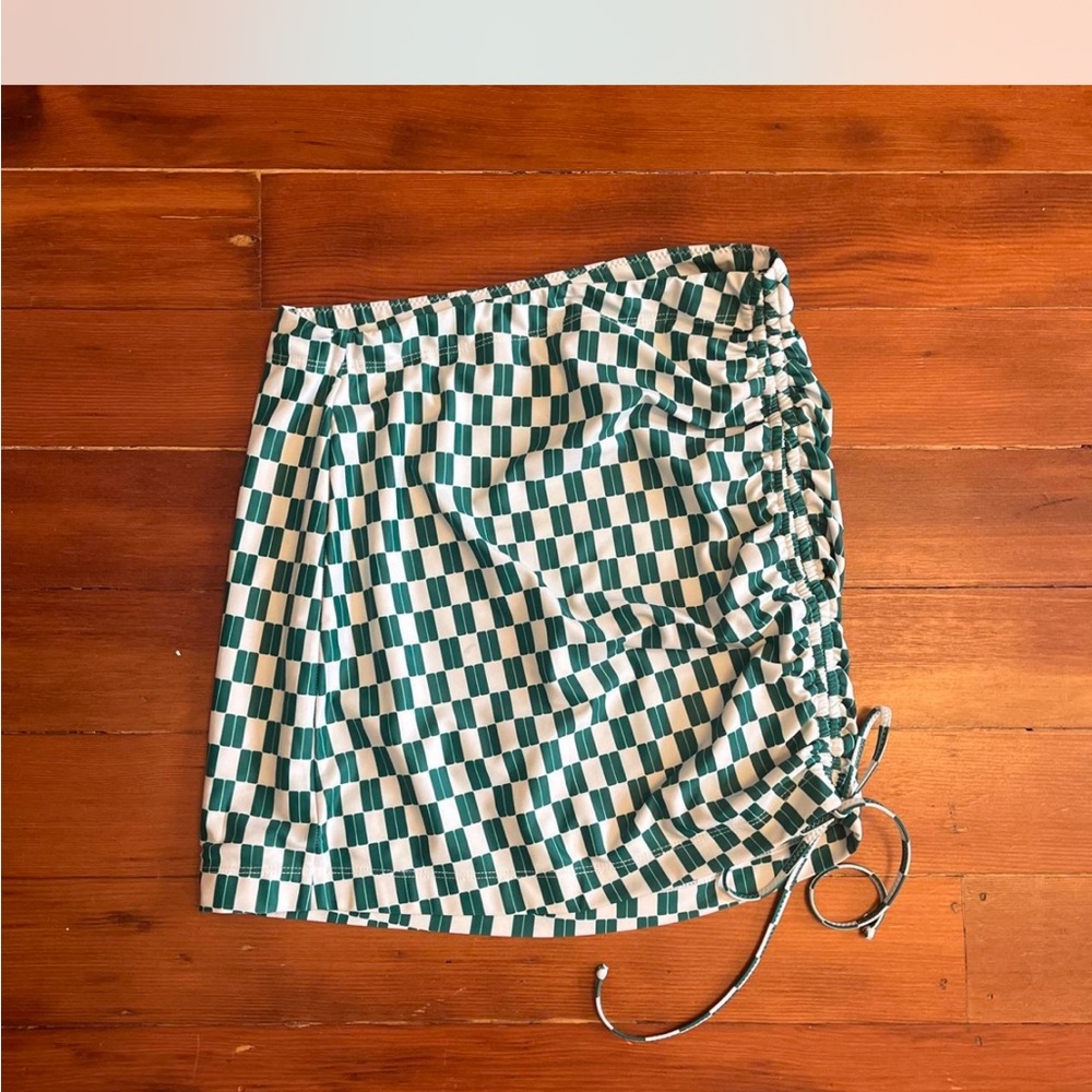Green Checkerboard Drawstring Mini Skirt